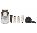 Grace Cole Růže & Geránium tělový krém 50 ml + krém na ruce a nehty 50 ml + sprchový gel 100 ml + pěna do koupele 100 ml + koupelová houba + skleněná nádoba, kosmetická sada pro ženy
