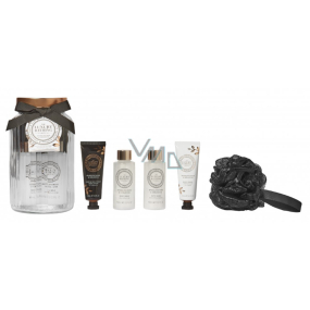 Grace Cole Růže & Geránium tělový krém 50 ml + krém na ruce a nehty 50 ml + sprchový gel 100 ml + pěna do koupele 100 ml + koupelová houba + skleněná nádoba, kosmetická sada pro ženy
