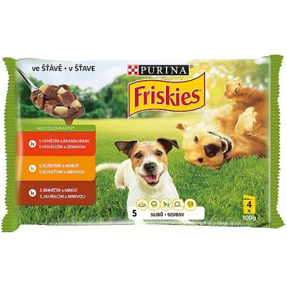 Purina Friskies hovězí, kuře, jehně s mrkví ve šťávě kompletní krmivo pro psy kapsička 4 x 100 g