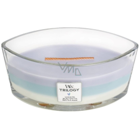 WoodWick Trilogy Calming Retreat - Uklidňující a relaxační vonná svíčka s dřevěným širokým knotem a víčkem sklo loď 453 g