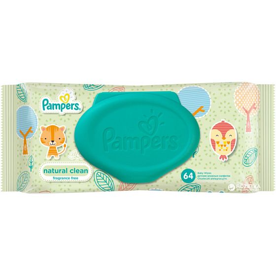Pampers Natural Clean s heřmánkem vlhčené ubrousky pro velmi citlivou pokožku pro děti 64 kusů, neparfémované
