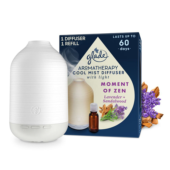 Glade Aromatherapy Cool Mist Diffuser Moment of Zen Lavender + Sandalwood difuzér led podsvícení, barva bílá, 1 + 17,4 ml