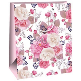 Ditipo Dárková papírová taška 26,4 x 13,6 x 32,7 cm Bílá růžové květy