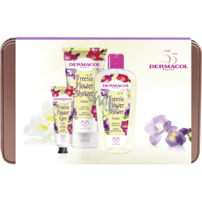 Dermacol Freesia Flower Shower sprchový olej 200 ml + sprchový krém 200 ml + krém na ruce 30 ml + plechová krabička, kosmetická sada