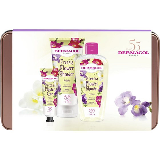 Dermacol Freesia Flower Shower sprchový olej 200 ml + sprchový krém 200 ml + krém na ruce 30 ml + plechová krabička, kosmetická sada