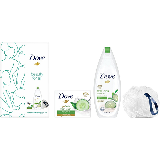 Dove Beauty For All Fresh Refreshing sprchový gel 250 ml + Go Fresh toaletní mýdlo 100 g + mycí houba, kosmetická sada pro ženy