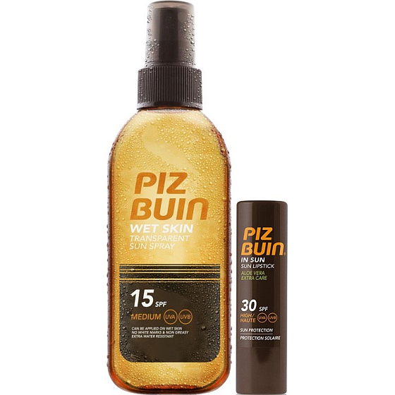 Piz Buin Wet Skin SPF15 transparentní sprej na opalování 150 ml + SPF30 balzám na rty 4,9 g, duopack