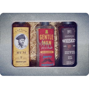 Bohemia Gifts Gentleman sprchový gel pro muže 250 ml + Whiskey sprchový gel pro muže 250 ml + Rum sprchový gel pro muže 250 ml, plechový box kosmetická sada