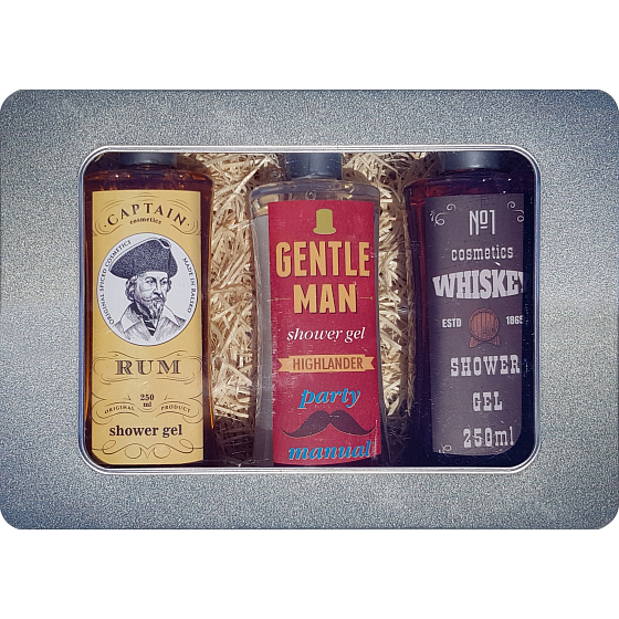 Bohemia Gifts Gentleman sprchový gel pro muže 250 ml + Whiskey sprchový gel pro muže 250 ml + Rum sprchový gel pro muže 250 ml, plechový box kosmetická sada