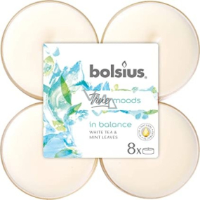 Bolsius True Moods In Balance White Tea & Mint Leaves - Bílý čaj a listy máty maxi vonné čajové svíčky 8 kusů, doba hoření 8 hodin