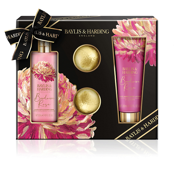 Baylis & Harding Tajemná růže koupelový a sprchový krém 300 ml + mléko na ruce a tělo 200 ml + šumivá koule do koupele 2 x 75 g, kosmetická sada pro ženy