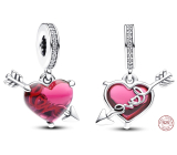 Charm Sterlingové stříbro 925 Červené srdce a šíp Murano Glass, přívěsek na náramek láska
