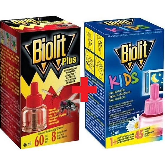 Biolit Plus Odpařovač tekutá náhradní náplň 60 nocí proti mouchám a komárům 46 ml + Biolit Kids Elektrický odpařovač proti komárům 45 nocí náhradní náplň 35 ml