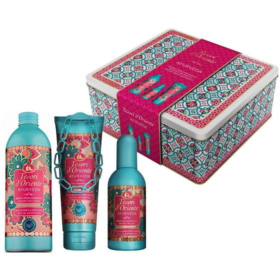 Tesori d Oriente Ayurveda parfémovaná voda 100 ml + sprchový gel 250 ml + koupelový krém 500 ml + plechová dóza, dárková sada pro ženy