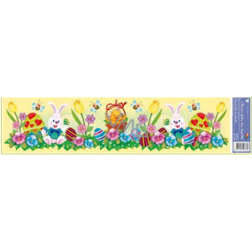 Okenní fólie bez lepidla velikonoční žlutý pruh 2 zajíčci a 1 kuřátko 64 x 15 cm