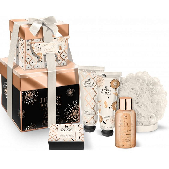 Grace Cole Box Of Delights sprchový gel 50 ml + krém na ruce 50 ml + krém na tělo 50 ml + koupelové perly 80 g + houba na tělo, kosmetická sada