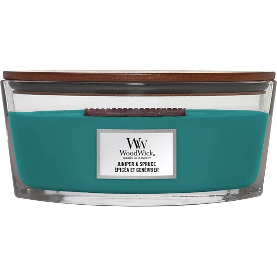 WoodWick Juniper & Spruce - Jalovec a smrk vonná svíčka s dřevěným širokým knotem a víčkem sklo loď 453 g