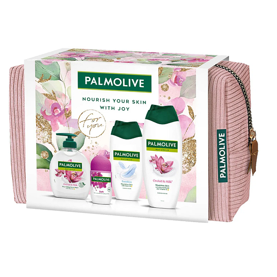 Palmolive Natural Orchid & Milk sprchový gel 500 ml + Natural Sensitive sprchový gel 250 ml + Luxurious Softness antiperspirant roll-on 50 ml + Natural Orchid & Milk tekuté mýdlo 300 ml + kosmetická etue, kosmetická sada pro ženy