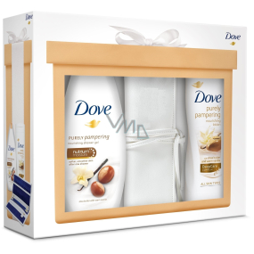 Dove Purely Pampering Bambucké máslo a vanilka vyživující sprchový gel 250 ml + Purely Pampering tělové mléko s bambuckým máslem a jemnou vůní vanilky 250 ml + pouzdro na šperky, kosmetická sada