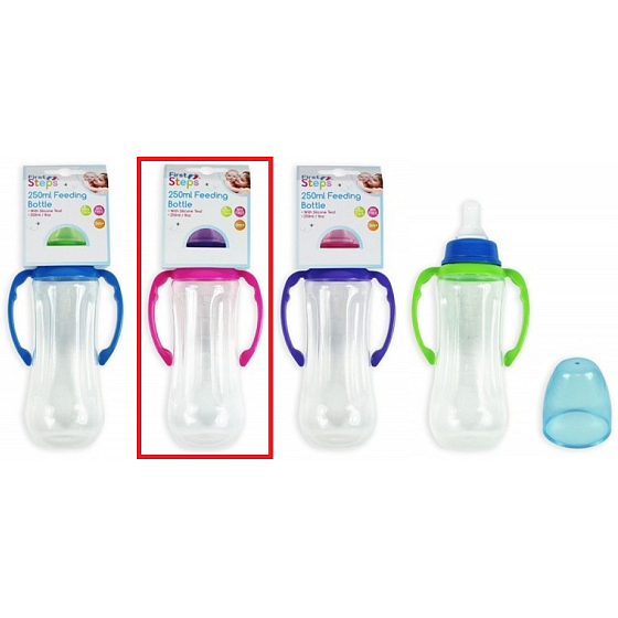 First Steps Feeding Bottle 0+ kojenecká lahev čirá s úchopy růžové barvy 250 ml