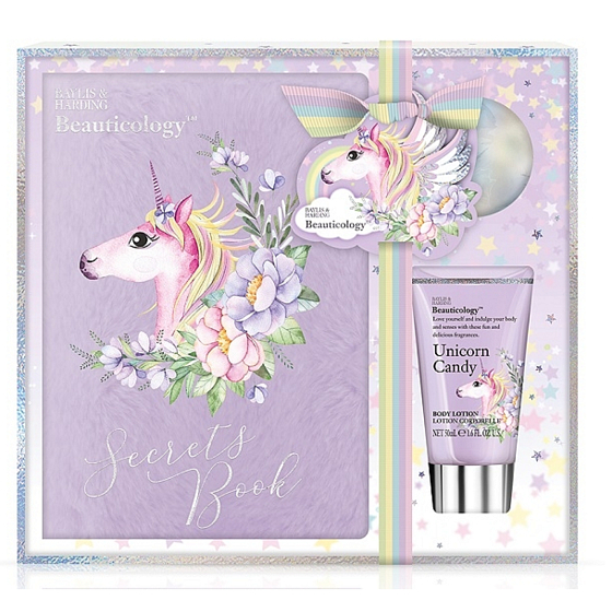 Baylis & Harding Jednorožec tělové mléko 50 ml + šumivá koule do koupele 75 g + deník se zámkem s motivem jednorožce, kosmetická sada