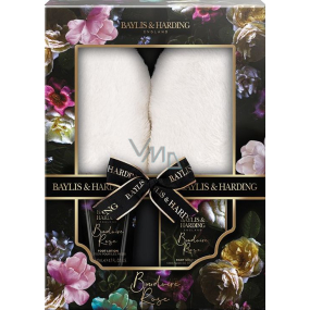 Baylis & Harding Boudoire Rose krystalky do vodní lázně 100 g + mléko na nohy + pantofle, kosmetická sada pro ženy