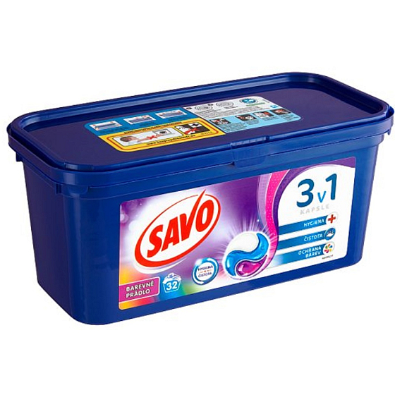Savo Bez chloru Color 3v1 gelové kapsle na praní barevného prádla 32 kusů 864 g