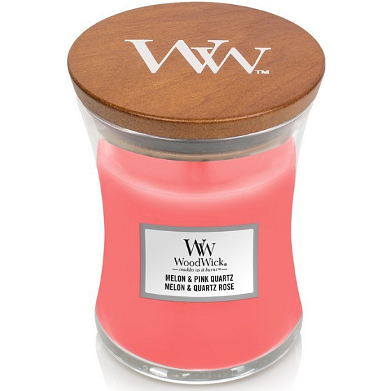 WoodWick Melon & Pink Quartz - Meloun a růžový křemen vonná svíčka s dřevěným knotem a víčkem sklo střední 275 g