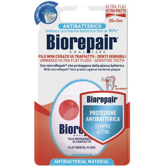 Biorepair Zubní nit ultra plochá nevoskovaná pro citlivé zuby 30 m