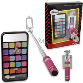 Disney Minnie Make Up Phone & Selfie Stick make-up paletka s krémovými stíny na oči, lesky na rty, a zrcátkem 2 g + růžová selfie tyč pro děti, kosmetická sada