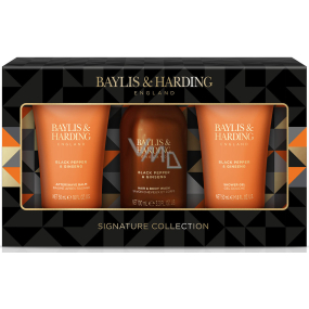 Baylis & Harding Černý pepř a ženšen sprchový gel 50 ml + balzám po holení 50 ml + 2v1 mycí gel na tělo a vlasy 100 ml, kosmetická sada pro muže
