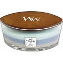 WoodWick Trilogy Woven Comforts - Hřejivé pohodlí vonná svíčka s dřevěným širokým knotem a víčkem sklo loď 453 g