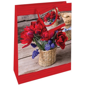 Nekupto Dárková papírová taška 32,5 x 26 x 13 cm Tulipány v košíku