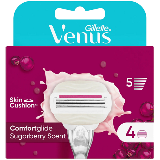 Náhradní hlavice Gillette Venus Comfortglide Sugarberry, 4 kusy. Hladké a jemné holení díky ochrannému pásku s olejem a vůni cukrové maliny pro příjemný pocit při každém použití.