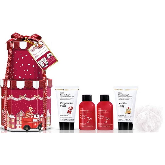 Baylis & Harding Červená kolekce Sladká tyčinka tělové mýdlo 100 ml + Sladká tyčinka sprchový gel 100 ml + Peprmintový vír tělové mléko 50 ml + Vanilková poleva krém na ruce 50 ml + Sladká tyčinka krystalky do koupele 25 g + masážní houbička, kosmetická sada