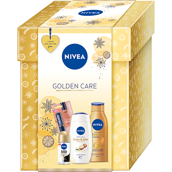 Nivea Golden Care Black & White Silky Smooth kuličkový antiperspirant 50 ml + Shea Butter sprchový gel 250 ml + Q10 zpevňující tónovací tělové mléko 400 ml + Labello Caring Beauty barevný balzám na rty Nude 5,5 ml, kosmetická sada pro ženy