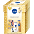 Nivea Golden Care Black & White Silky Smooth kuličkový antiperspirant 50 ml + Shea Butter sprchový gel 250 ml + Q10 zpevňující tónovací tělové mléko 400 ml + Labello Caring Beauty barevný balzám na rty Nude 5,5 ml, kosmetická sada pro ženy