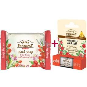 Green Pharmacy Vitamins Cocktail - Vitamíny z brusinek a jojobový olej balzám na rty 2 x 3,6 g + Plody kustovnice a Mandlový olej toaletní mýdlo 100 g, kosmetická sada