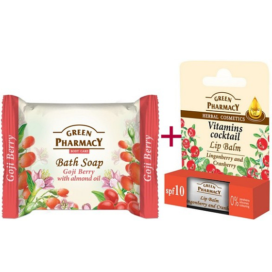 Green Pharmacy Vitamins Cocktail - Vitamíny z brusinek a jojobový olej balzám na rty 2 x 3,6 g + Plody kustovnice a Mandlový olej toaletní mýdlo 100 g, kosmetická sada