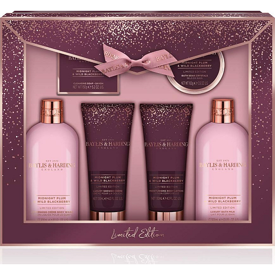 Baylis & Harding Půlnoční švestka a Divoká ostružina mycí gel 300 ml + koupelové mléko 300 ml + toaletní mýdlo 150 g + sprchový krém 130 ml + tělové mléko 130 ml + sůl do koupele 100 g, kosmetická sada