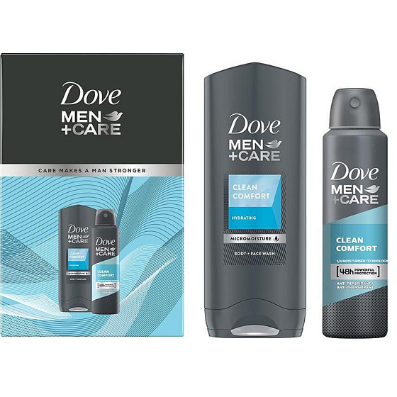 Dove Men + Care Clean Comfort sprchový gel 250 ml + antiperspirant deodorant sprej 75 ml, kosmetická sada pro muže