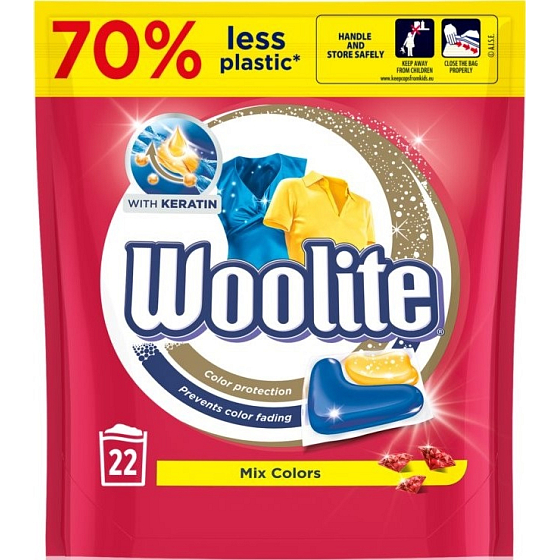 Woolite Mix Colors Keratin univerzální kapsle na praní barevného prádla, ochrana před ztrátou tvaru a zachování intenzity barvy 22 kusů