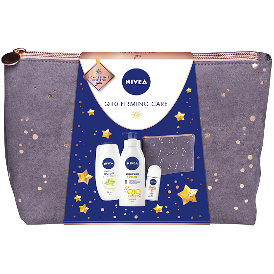 Nivea Q10 Firming Care Q10 + vitamín C zpevňující tělové mléko 400 ml + Care & Star Fruit sprchový gel 250 ml + Stress Protect kuličkový antiperspirant 50 ml + taška, kosmetická sada