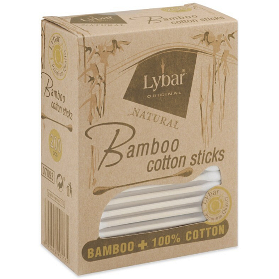 Lybar Original Natural Bamboo vatové tyčinky v papírové krabičce, 200 kusů. Ekologické vatové tyčinky vyrobené z bambusu pro šetrnou péči.