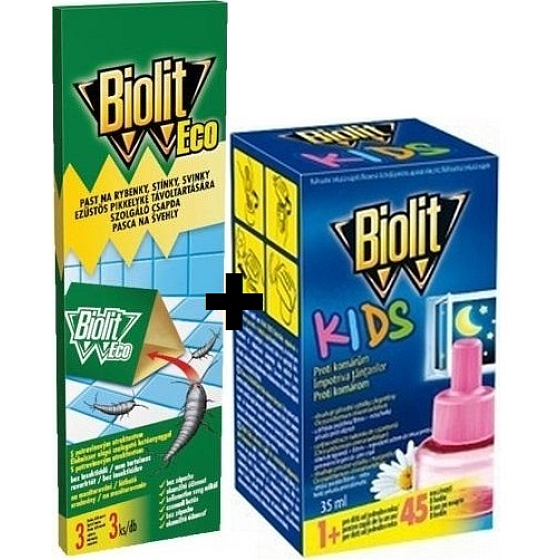 Biolit Kids Elektrický odpařovač proti komárům 45 nocí náhradní náplň 35 ml + Biolit Eco past na rybenky, stínky, svinky na monitorování 3 kusy