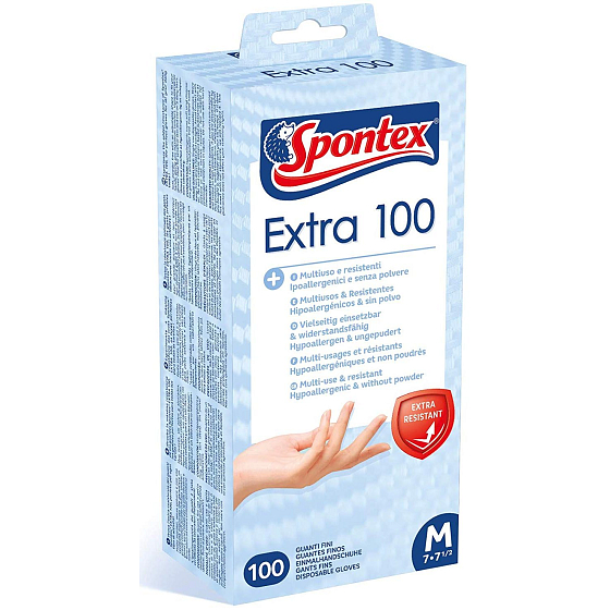 Spontex Extra 100 Rukavice jednorázové, hypoalergenní, bez pudru, vinylové, velikost M, box 100 kusů