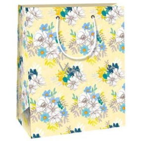 Ditipo Dárková papírová taška 18 x 10 x 22,7 cm žlutá, bílomodré květy QC
