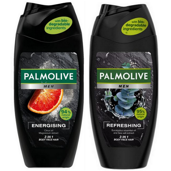 Palmolive Men Energising 3v1 sprchový gel pro muže 250 ml + Men Refreshing 3v1 sprchový gel na tělo, tvář a vlasy 250 ml, 18 kusů karton