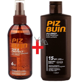 Piz Buin Allergy SPF15 mléko na opalování předchází vzniku sluneční alergie 200 ml + Tan & Protect SPF6 ochranný olej urychlující proces opalování 150 ml sprej, duopack