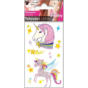 Tetovací obtisky barevné s glitry Jednorožci 10,5 x 6 cm